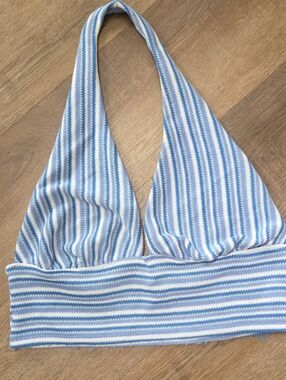 Divided Blue and White Striped One-Piece Halter Top